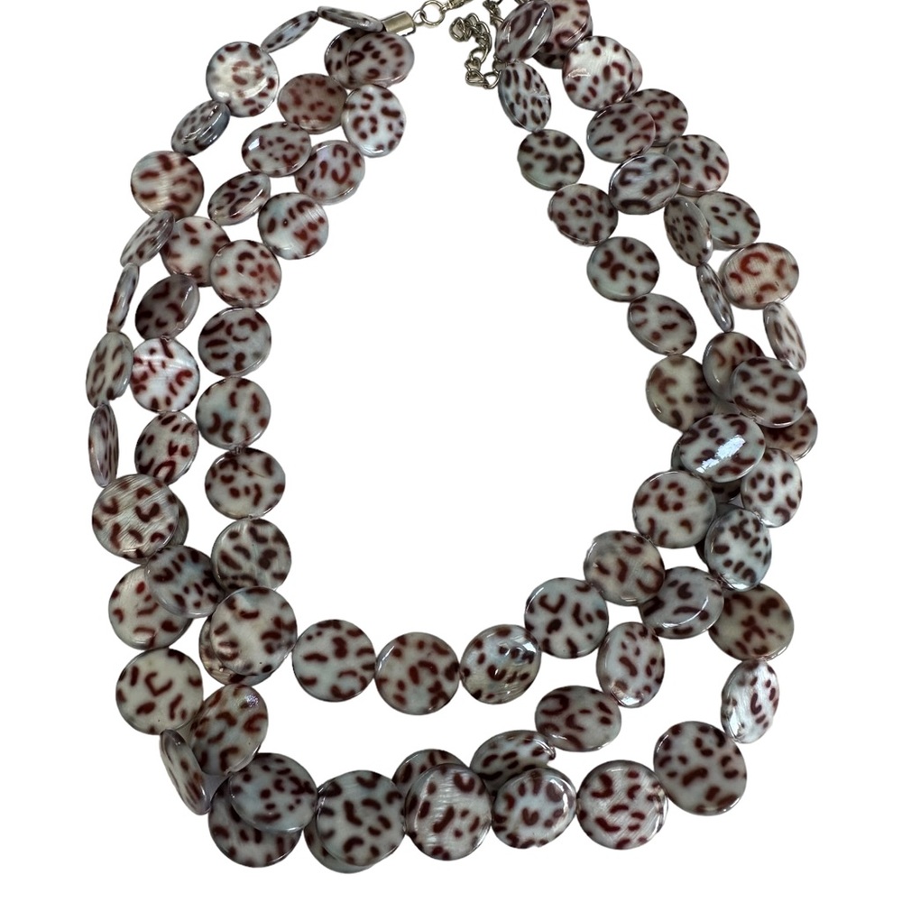 Multistrand beaded necklace flat round beads with leopard spots